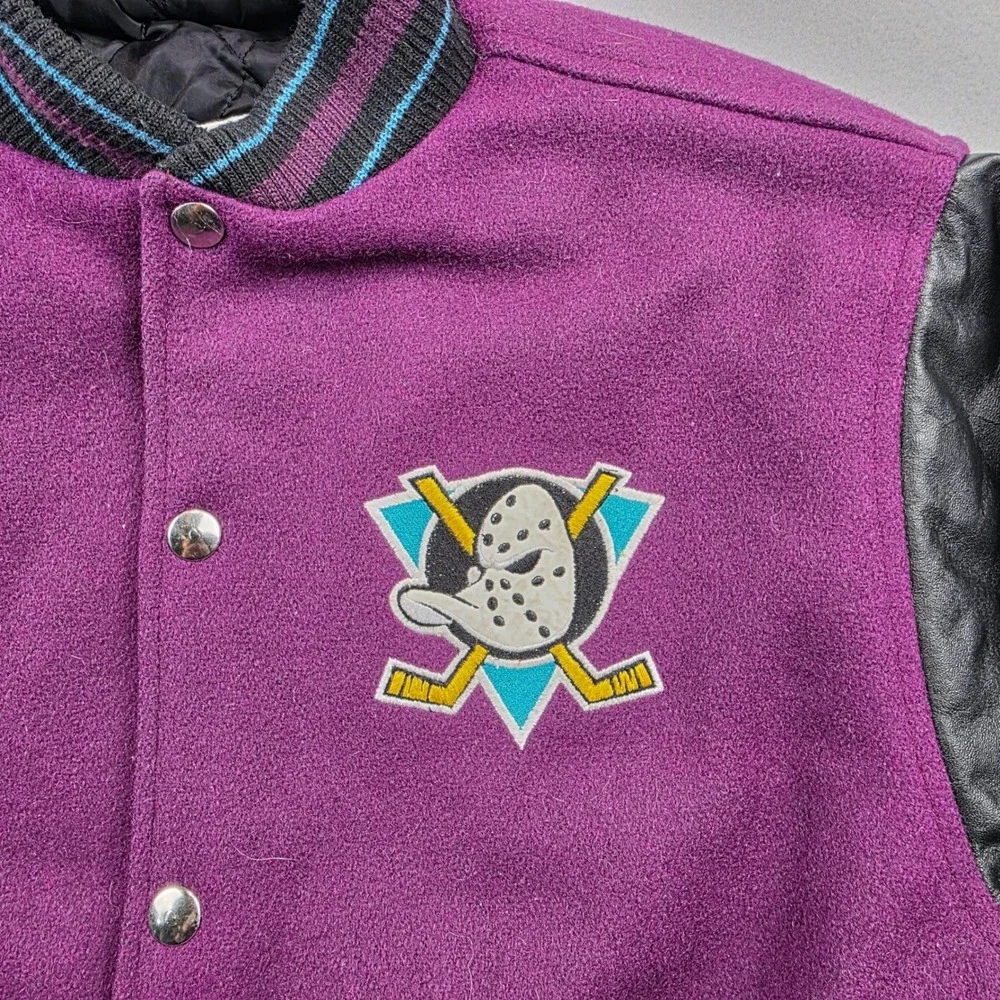 Vintage Mighty Ducks NHL Varsity Jacket Purple Black‎ Kids Size 14 Identity Inc